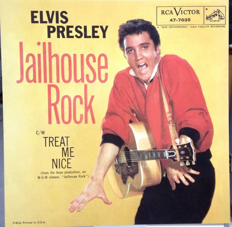 Jail House Rock original 45 sleeve playing a Gibson J200 all natural finish the Kings preferred guitar actually had his own model  from Gibson custom shop as a gift to him with him name in pearl inlay in the neck fret board Elvis Album Covers, Elvis Jailhouse Rock, Elvis Presley Jailhouse Rock, Elvis Presley Lyrics, Elvis Presley Records, Vinyl Record Cover, Rock And Roll Songs, Vera Lynn, Rock Photo