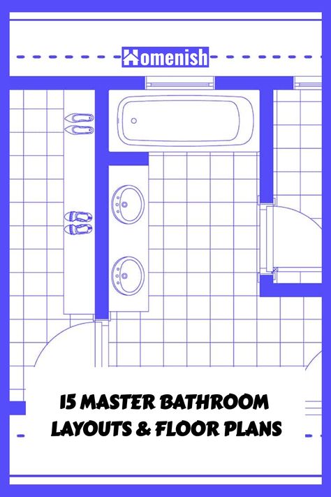 Do you want some inspiration for your new bathroom layout? Look no further than these 15 floor plans for master bathrooms to suit spaces of all shapes and sizes. Four Piece Bathroom Layout, Open Floor Plan Bathroom Master Suite, 9x13 Bathroom Layout, Master Bath With Wet Room Layout, Unusual Bathroom Layout, Bathroom Plans Layout Master, Small Master Suite Layout Floor Plans, Rectangular Bathroom Layout Floor Plans, Small Master Bath And Closet Layout