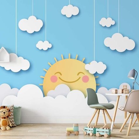 Kids Bedroom Wall Decor, Kindergarten Interior, Daycare Design, Daycare Room, Kindergarten Design, Nursery Mural, Baby Boy Room Decor, Happy Sun, Kids Room Wall Decor