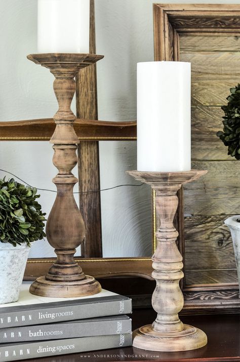 Learn to make these easy DIY rustic wood candlesticks using a thrift store find. | www.andersonandgrant.com Diy Wood Candlesticks, Diy Tall Candle Holders, Farmhouse Candlesticks, Farmhouse Candle Holders, Diy Candle Sticks, Remodel Diy, Candle Stick Decor, Farmhouse Candles, Tall Candle Holders