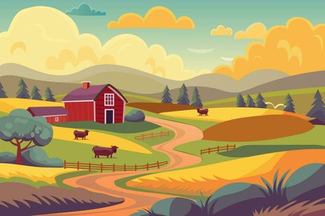 Rural landscape illustration for background. Farmhouse and barns, cows grazing through the fields. Farm Mural, Farm Cartoon, Cows Grazing, Farm Vector, Farm Town, Cow Illustration, Magnolia Farms, Theme Background, Farm Scene