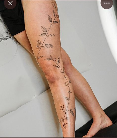 Up The Leg Tattoos, Poison Ivy Leg Tattoo, Simple Full Leg Tattoo Female, Line Work Leg Tattoos Women, Leg Leaf Wrap Tattoo, Plant Tattoo Wrap Around, Flower Vein Tattoo, Leafy Vine Leg Tattoo, Vine Leg Tattoo Men