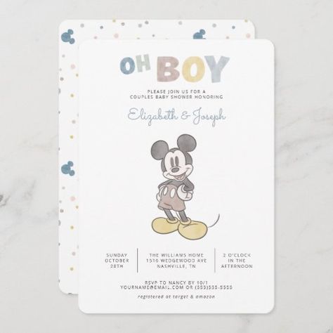 $3.32 | Oh Boy! Mickey Mouse Couple's Baby Shower | Baby Shower Invitations | baby shower, watercolor, disney, disney baby shower, mickey mouse, mickey mouse baby shower, mickey baby shower, boy baby shower, its a boy, couple's baby shower Disney Baby Shower Themes, Mickey Baby Showers, Mickey Mouse Baby Shower, Mickey Mouse Vintage, Couples Baby Shower Invitations, Mickey Mouse Theme, Disney Baby Shower, Couples Baby Showers, Baby Shower Invitaciones