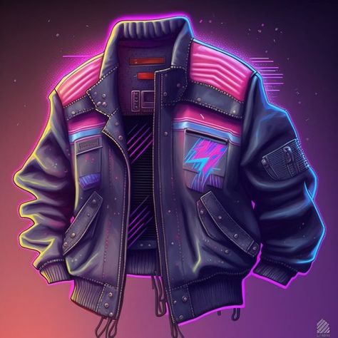 Cyberpunk Jacket Design, Synthwave Clothes, Cyberpunk Jacket Concept Art, Pink Vaporwave, Futuristic Jacket, Cyberpunk Men, Synthwave Fashion, 80's Aesthetic, Cyberpunk Jacket