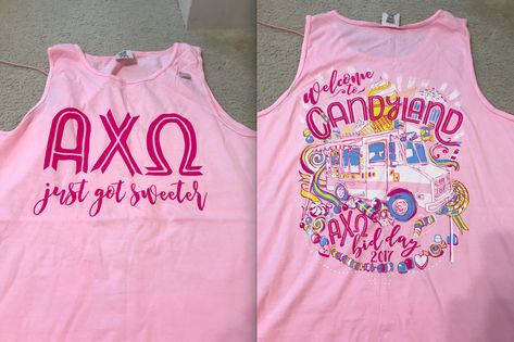 Candyland Shirt Ideas, Candy Land Bid Day, Homecoming 2023, Philanthropy Shirts, Recruitment Themes, Dance Marathon, Summer Dance, Bid Day Ideas, Alpha Gam