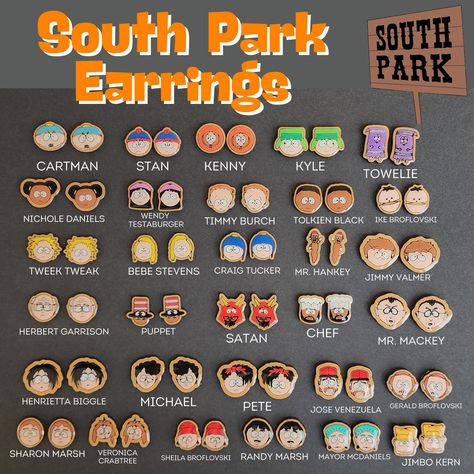 South Park Character Earrings.  These earrings are super tiny and light weight and lots of love and attention go into the painting of these earrings, with over 7 hours of painting alone for the full set of 31 pairs.  We offer one earring, but please enter the name of the character in personalization or one pair will be chosen at random.   The if you choose the 6-earring option and do not specify names, they will be chosen at random as well.  And the Full - 31 pairs is for all earrings in the pho South Park Jewelry, South Park Earrings, South Park Random, Sharon Marsh, Character Earrings, Geeky Clothes, South Park Memes, Lgbtq Funny, Adorable Homes Game