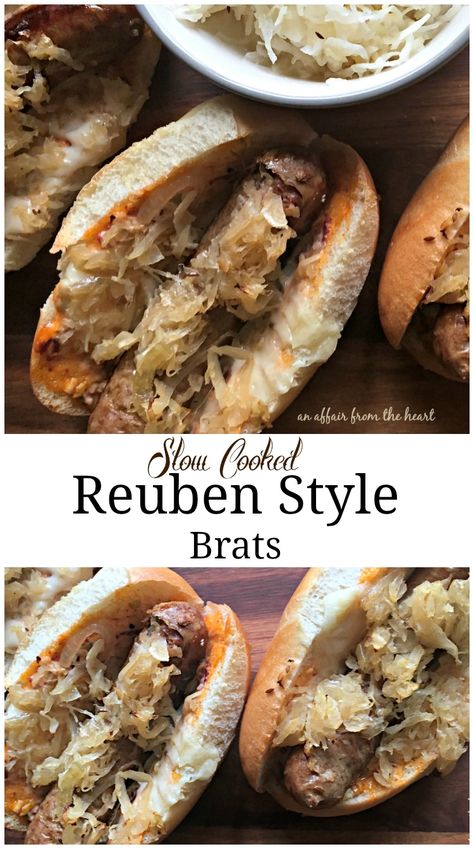 Reuben Sauce, Brats And Sauerkraut, Brats Recipes, Bratwurst Recipes, Sausage Dishes, Sauerkraut Recipes, Crock Pot Slow Cooker, Dog Recipes, Slow Cooked