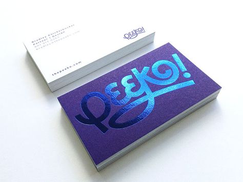 Peeko Business Cards by Bradley Knickerbocker Buisness Cards, Foil Business Cards, Qr Code Business Card, Name Card Design, Hot Foil Stamping, Business Card Inspiration, Blue Foil, Business Cards Creative, Packaging Design Inspiration