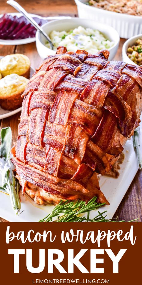 Take your Thanksgiving dinner to the next level with the BEST Bacon Wrapped Turkey! This easy, foolproof recipe combines the classic flavors of onions and fresh herbs with the deliciousness of bacon in a show-stopping combo that's guaranteed to be a new holiday favorite! Bacon Wrapped Turkey, Turkey Bacon Recipes, Bacon Party, Turkey Bacon Wrap, Smoked Turkey Breast, Spiral Ham, Turkey Breast Recipe, Best Bacon, Turkey Recipes Thanksgiving