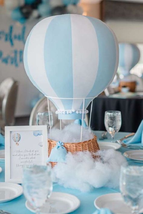 Faux Clouds Diy, Bris Decor, Baby Boy Shower Centerpiece Ideas, Cloud Centerpiece Baby Shower Ideas, Cloud Theme Centerpieces, Cloud Gender, Hot Air Balloon Party Theme, Balloon Centrepiece, Hot Air Balloon Centerpiece