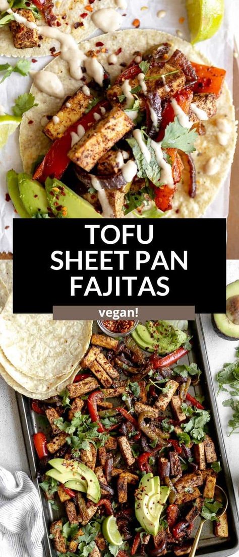 This vegan tofu sheet pan fajitas are easy to make, packed with flavor and filled with veggies like bell peppers. Serve these fajitas with mexican rice and black beans. These healthy fajitas are vegetarian and perfect for a family dinner. Vegan Sheet Pan Fajitas, Tofu Fajitas Recipes, Vegetarian Fajitas Recipe, Vegetarian Fajita Bowl, Fajita Recipe Vegetarian, Healthy Sheet Pan Dinners Vegetarian, Tofu Sheet Pan Dinner, Vegan Blackstone Recipes, Chickpea Fajitas