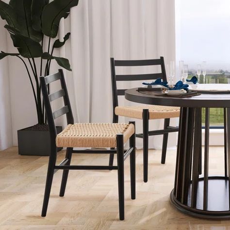 Birch Lane™ Windhaven Dining Chair - Black/black Woven Seat | Wayfair Dining Chair Wood, Rattan Bar, Rattan Bar Stools, Black Dining Chairs, Chair Wood, Mid Century Dining Chairs, Solid Wood Dining Chairs, Mid Century Dining, Upholstered Side Chair