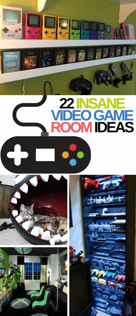 These 22 Video Game Room Ideas Are INSANITY! Who knew that a gamer's room could look SO GOOD! Definitely re-pinning for later. Sala Nerd, Video Game Room Ideas, Gamer Room Diy, Video Game Bedroom, Game Room Ideas, Geek House, Nerd Room, Video Game Decor, Video Game Room Design