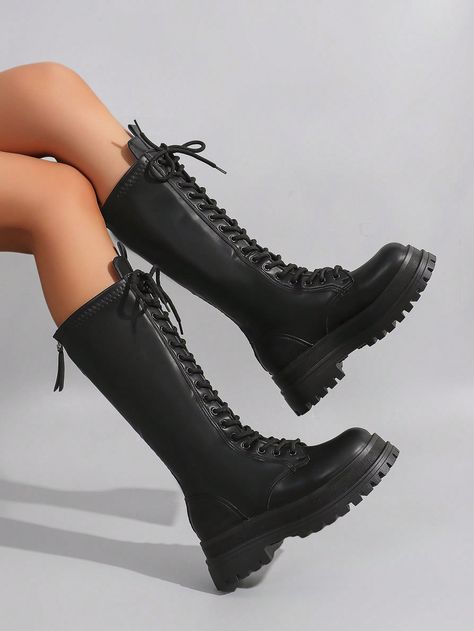 Black Lace Up Knee High Boots, Formal Boots Women, Noahfinnce Concert, Kpop Boots, Fall Knee High Boots, Black Boots Aesthetic, Black Boots Knee High, Modeling Practice, Knee High Lace Up Boots