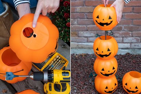 Make a light up Halloween pumpkin totem from plastic trick-or-treat pumpkin pails and a witches had.