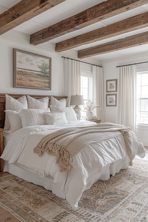 Bedroom With Wooden Beams, Neutral Bedroom Master, Neutral House Ideas, Curtains White Bedroom, Neutral Bedroom Colors, Boho Master, Pearl House, Peaceful Bedroom, Neutral Bedrooms