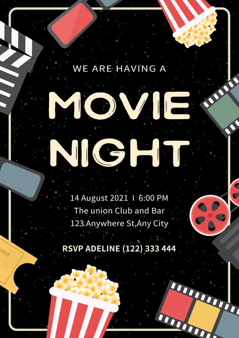 Movie Night Fundraiser, Movie Night Poster, Emo Designs, Movie Night Invitations, Pijama Party, Movie Ticket, Graduation Party Planning, Movie Club, Movie Night Party