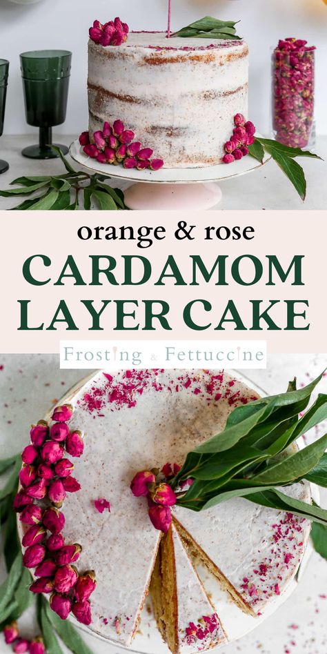 Autumnal Cake Recipe, Herbal Cake Recipes, Orange And Cardamom Cake, Cardamom Rose Cake, Rose And Cardamom Cake, Rose Cardamom Cake, Fall Birthday Cake Flavors, Rose Flavored Cake, Orange Raspberry Cake