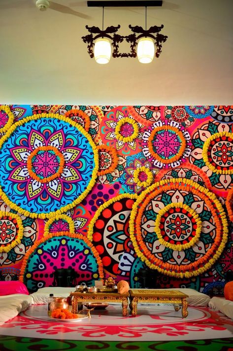 Printed Florals Are Everywhere! Here's How To Incorporate Them In Your Wedding Décor | WedMeGood Pretty Mandala, Mehendi Decor Ideas, Ganapati Decoration, New Bridal Mehndi Designs, Wedding Entrance Decor, Desi Wedding Decor, Mehndi Decor, Beautiful Wedding Decorations, Wedding Backdrop Decorations