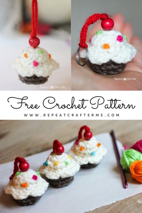 Crocheted Party Favors, Crochet Cupcake Keychain Free Pattern, Crochet Cookies Decorated, Crochet Cupcake Purse Free Pattern, Crochet Mini Cupcake, Cupcake Keychain Crochet, Crochet Food Ornaments, Christmas Keychain Crochet, Crochet Cupcake Pattern Free