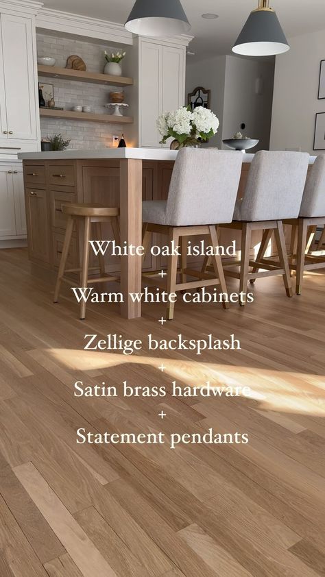 Ally • Home Inspo | HERE is my new favorite combo: white oak island, warm white perimeter cabinets, zellige backsplash, satin brass hardware and statement… | Instagram White Oak Kitchen Island Ideas, White Oak Kitchen Cabinets With Dark Island, White Oak Kitchen Island White Cabinets, Oak Kitchen Cabinets With White Island, White Oak Kitchen Backsplash Ideas, White Oak Island With White Cabinets, Oak Cabinets White Island, Wood And White Cabinets Kitchen, White Oak And White Cabinets Kitchen