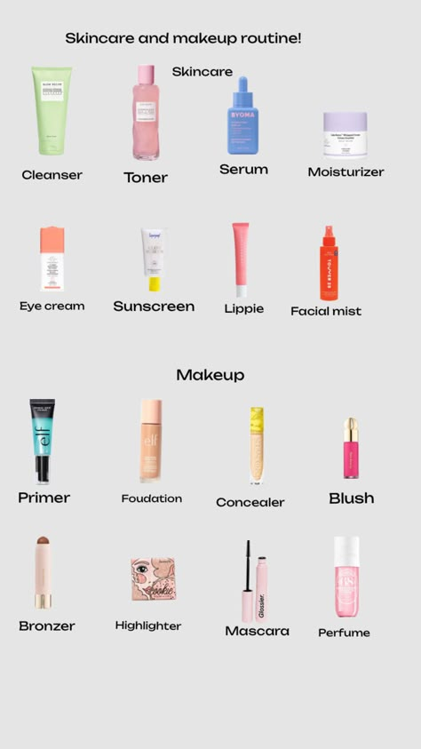 Skincare and makeup routine Skincare And Makeup Steps, Full Skincare Routine Steps, Skin Care Makeup Routine, Skincare Routine For 13 Yrs Old, Before Makeup Skin Care, Skincare Routine Before Makeup, Skincare Makeup Routine, Pre Makeup Skincare Routine, Skin Care And Makeup Routine