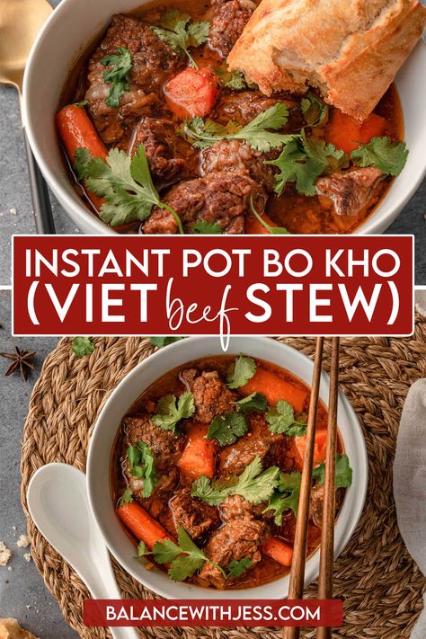 Making Bo Kho, or Vietnamese Beef Stew, in the Instant Pot couldn't be any easier! Sweet and savory beef, onion, and carrots are cooked in a fragrant lemongrass, coconut, and soy broth. Serve it with noodles, rice, or a baguette. This healthy soup is perfect for meal prep or parties! Dairy free, one pot. Crock Pot Vietnamese Recipes, Beef Broth Recipes Instant Pot, Korean Beef Stew Instant Pot, Instapot Vietnamese Recipes, Bo Kho Instant Pot Recipe, Vietnamese Beef Stew Instant Pot, Instant Pot Galbi Jjim, Asian Stew Meat Recipes, Stew And Soup Recipes