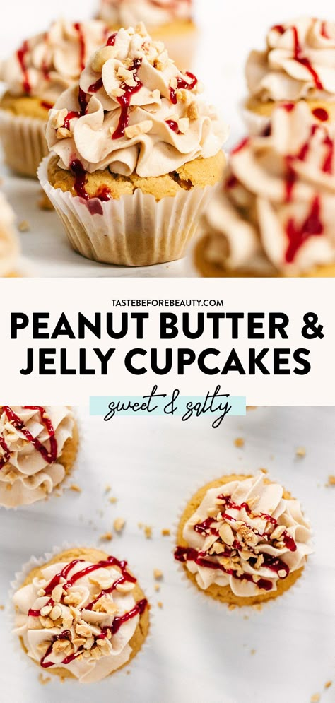 Peanut Butter Jelly Cake Recipe, Crazy Cupcakes Ideas, Filled Yellow Cupcakes, Cupcake Combinations Ideas, Cupcake Recipes Flavor, Cupcake Recipes For Birthday, Peanut Butter And Jelly Cupcakes Easy, Pb And J Cupcakes, Specialty Cupcakes Ideas