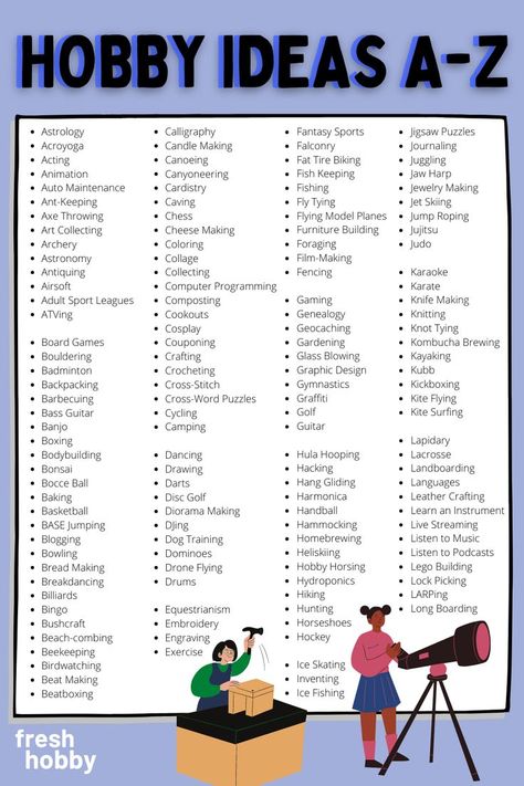 Huge List of Hobbies (Hobby Ideas from A-Z) Are you looking for a new hobby? Check out our huge list of hobbies to get some ideas flowing and start something new! #freshhobby #newhobby #hobby #hobbies #hobbylist #activities #startsomethingnew #goals #bored #learn #activity #lifestyle Organisation, List Of Hobbies, How To Brew Kombucha, Hobbies For Adults, Popular Hobbies, Finding A Hobby, Hobbies For Kids, New Things To Try, Hobby Ideas