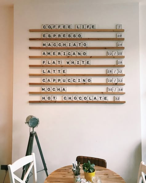 Coffee Shop Furniture Design, Cafe Wall Menu Ideas, Brick Wall Coffee Shop, Office Cafeteria Wall Design, Coffee Shop Counter Design Cafe Style, Cafe Feature Wall, Cafe Wall Design, Coffee Shop Menu Board, Coffee Shop Menu