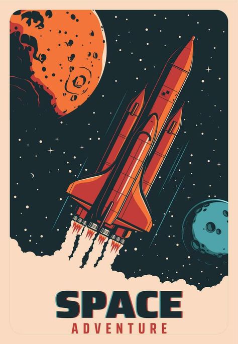 Illustration Art Space, Retro Space Decor, Nasa Poster Vintage, Retro Space Illustration, Planets Graphic Design, Vintage Space Illustration, Space Game Design, Space Poster Ideas, Space Illustration Design