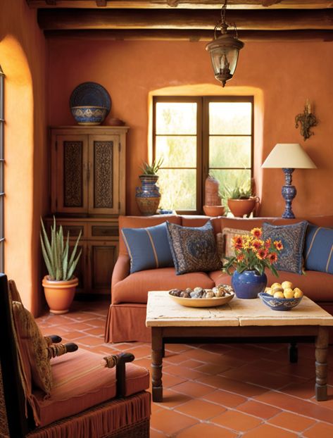 Small Spanish Living Room, Terracotta Bookshelf, Meditterean Living Room, Spanish Style Family Room, Mexican Style Living Room Ideas, Mexican Inspired Living Room, Spanish Living Room Hacienda Style, Spanish Living Room Decor, Rustic Mediterranean Interior Design