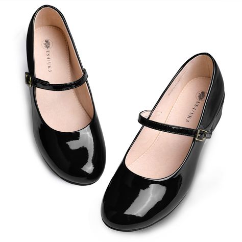 Flats Black Shoes, Black Work Heels, School Shoes Black Heels, Black Fancy Shoes, Flat School Shoes, Black Shoes For Girls, Cute Shoes For School, Mary Janes Flats, School Shoes Black