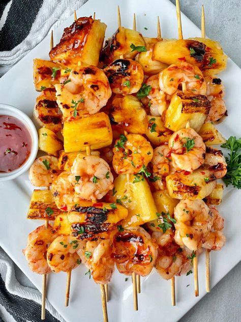 Sweet and Spicy Pineapple Shrimp Skewers - thechowdown Grilled Shrimp And Pineapple, Shrimp And Pineapple Skewers, Shrimp And Pineapple, Pineapple Skewers, Sweet And Spicy Shrimp, Pineapple Shrimp, Spicy Pineapple, Grilled Shrimp Skewers, Bbq Shrimp