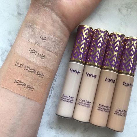 Tarte Shape Tape Contour Concealer in Fair, Light Sand, Light-Medium Sand, and Medium Sand. Follow my instagram @mellyfmakeup for more! Tarte Concealer Swatches, Tarte Concealer Shades, Shape Tape Concealer Swatches, Tart Concealer, Concealer Tarte, Tarte Concealer, Tape Makeup, Contour Concealer, Skin Tone Makeup