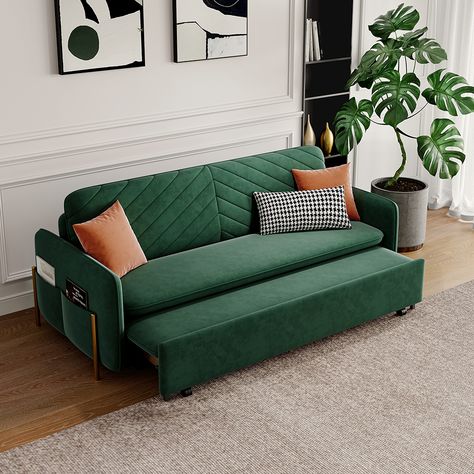 53.5" Sleeper Sofa Dark Green Velvet Upholstered Convertible with Storage Pull Out Couch Office, Green Sofa Bed, Couch Office, Sofa Bed Frame, Sleeper Couch, Sofa Bed Sleeper, Dark Green Velvet, Sleeper Bed, Folding Sofa Bed