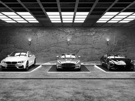 Luxurious Car Garage, Garage Design Luxury, Dream Car Garage Luxury, Luxury Parking Design, Modern Car Garage Design, Garage Luxury Design, Luxury Garage Underground, Black Car Garage, All Black Garage