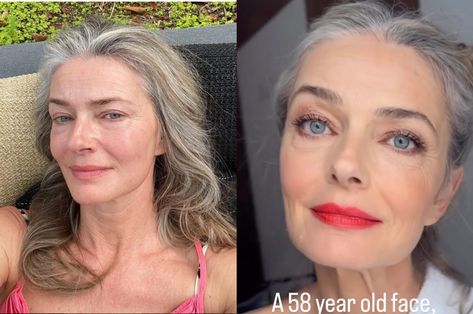 Supermodel Paulina Porizkova shows off '58-year-old face' with and without makeup With And Without Makeup, Paulina Porizkova, Bright Red Lipstick, Old Faces, Pink Eyeshadow, Grey Hair Color, Beautiful Sights, Without Makeup, Free Makeup