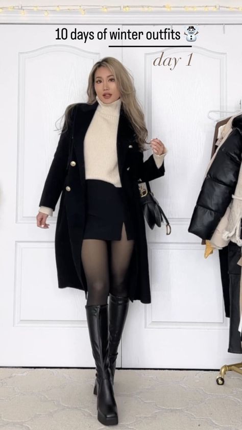 Winter Outfits Stockings Tights, Boots And Short Skirts Outfits, Skirt Outfits With Stockings Black, Fleece Tights Outfit Winter, Beige And Black Skirt Outfit, Winter Outfits With A Skirt, Black Winter Skirt Outfit, Black Skirt Winter Outfit Tights, Thermal Stockings Outfit