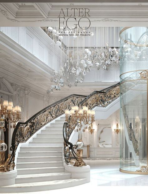 This classic style residence features a white marble staircase with gold and black railings. The black railings contrast with the white marble stairs and provide balance in the design. The gold accents add a touch of elegance and sophistication to the staircase. ALTER EGO Project Group is the best internationally acclaimed design firm. It is dedicated to creating world-class luxury projects around the globe and has earned the most prestigious design awards. Marble Staircase Design, Classic Stairs Design, Luxurious Staircase, Mansion Bedroom, Luxury Staircase, Marble Staircase, Futuristic Furniture, Interior Stairs, Patio Makeover