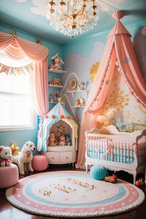 Kawaii Nursery Decor, Nursery Themes Colorful, Blue And Pink Nursery Ideas, Unique Baby Girl Nursery, Fun Girl Nursery, Disney Princess Nursery Ideas, Cute Nursery Ideas Colorful, Princess Nursery Ideas, Candyland Nursery