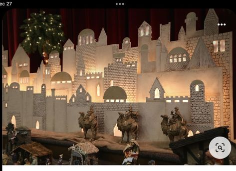 Bethlehem Stage Props, Bethlehem Stage Design, Cardboard Bethlehem Scene, Nativity Stage Design, Christmas Belen Design, Christmas Crib Design, Christmas Crib Designs, Christmas Belen, Nativity Backdrop