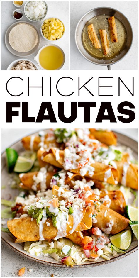 Shredded Chicken Flautas, Easy Chicken Flautas Recipe, How To Make Flautas, Ranchera Sauce, Flautas Ahogadas, Chicken Flautas Recipe, Baked Flautas, Juicy Shredded Chicken, Flautas Recipe