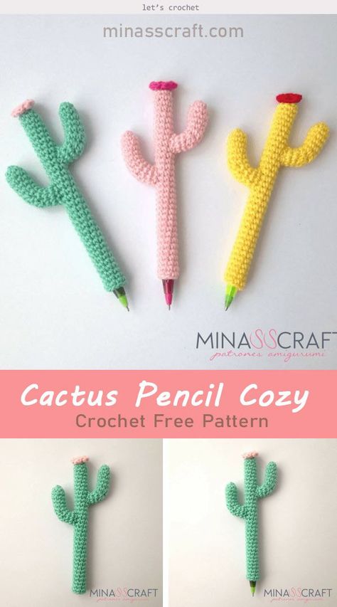 Crochet Cactus Free Pattern, Cactus En Crochet, Marque-pages Au Crochet, Crochet Pencil, Flower Pens, Pen Pattern, Confection Au Crochet, Crochet Cozy, Crochet Cactus