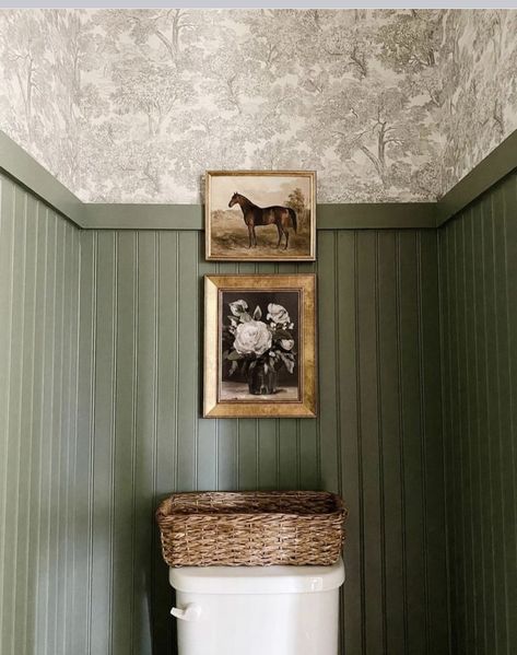 Green Beadboard Bathroom, Beadboard Powder Room, Small Powder Room Decor, Beadboard And Wallpaper, Small Bathroom Wallpaper, Beadboard Wallpaper, Beadboard Bathroom, Downstairs Toilet, Powder Room Design