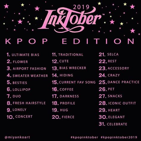 I have prepared my prompts for this year's Inktober. This year too, I will draw K-pop fanarts. ☺️💕 If you like the prompts and would like… Artist Block, Music Challenge, 30 Day Drawing Challenge, Drawing Challenges, 30 Day Song Challenge, October Art, Art Challenges, Song Challenge, Drawing Ideas List