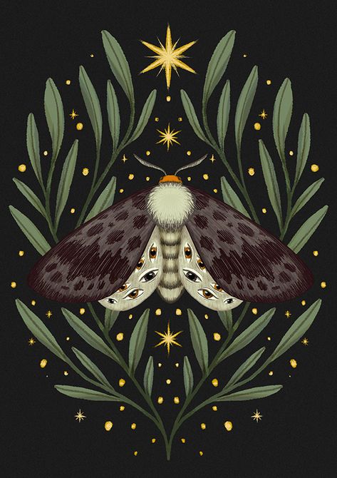 Transformation Illustration, Mum Painting, Nature Transformation, Folk Art Moth, Yule Cards, Mystical Illustration, Goth Embroidery, Moth Artwork, Huion Tablet