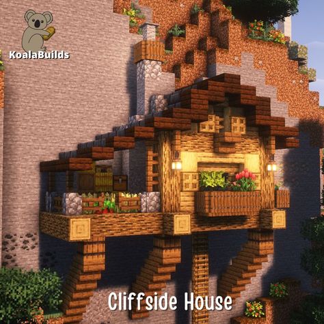 Cliff Side House, Minecraft Cliffside, Minecraft Cliff House, Minecraft Cliff, Minecraft Cave House, Minecraft Mountain House, Minecraft Small House, Description Ideas, Minecraft Starter House