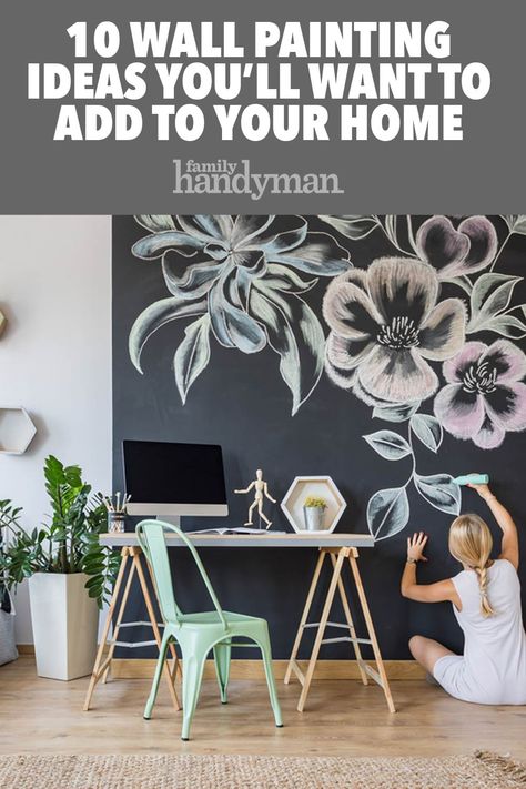 Cool Wall Painting Ideas, Wall Painting Ideas Creative, Chalkboard Wall Decor, Black Feature Wall, Office Mural, Wall Murals Diy, Diy Mural, Diy Wall Painting, Accent Wall Paint