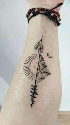 Symbols For Adventure, One Line Drawing Tattoo Ideas, Sun And Moon Arm Band Tattoo, Moon In The Sun Tattoo, Hand Nature Tattoo, Mountain Sunflower Tattoo, Two Mountains Tattoo, Ankle Mountain Tattoos For Women, Sun Moon Ocean Forest Tattoo